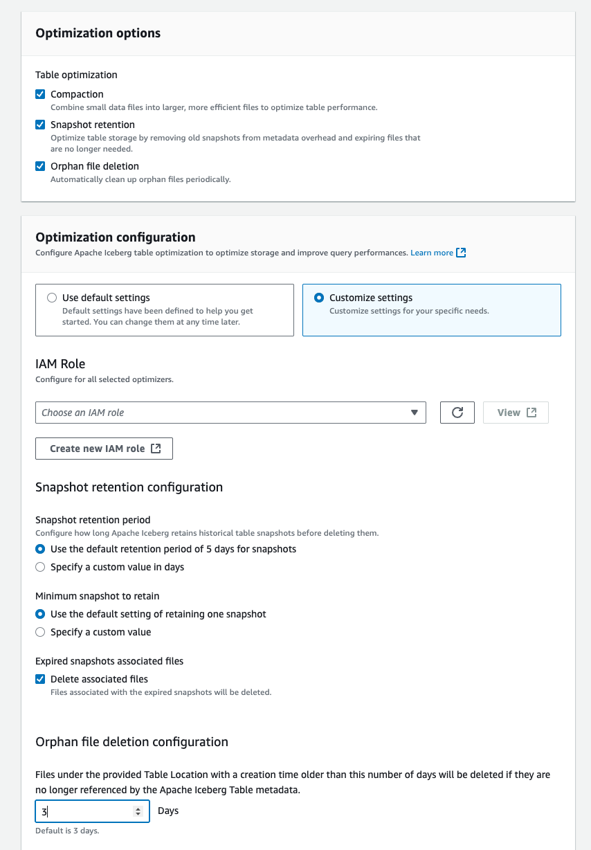 The screenshot shows the optimization options at the catalog-level.