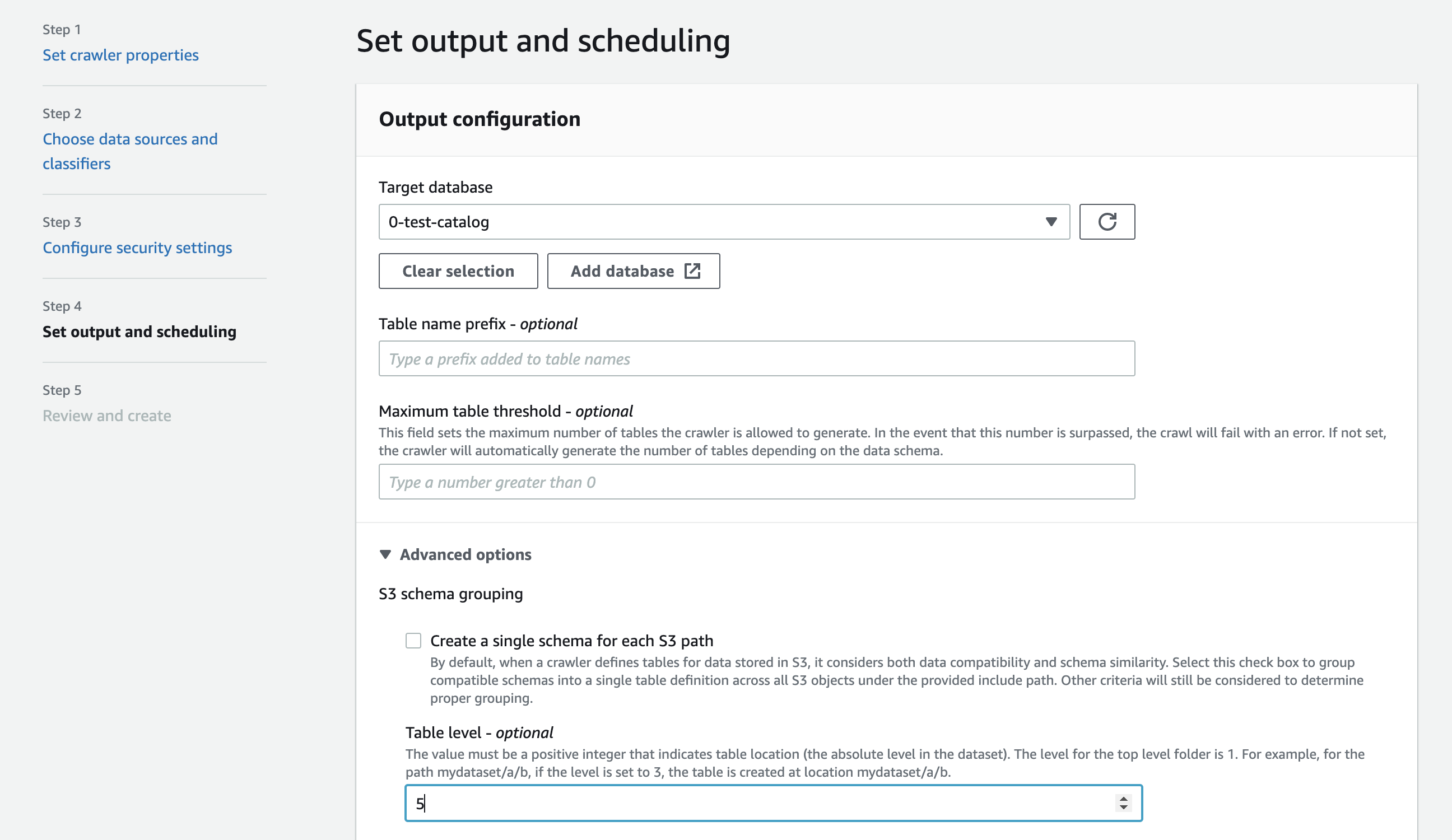 Specifying a table level in the crawler configuration.