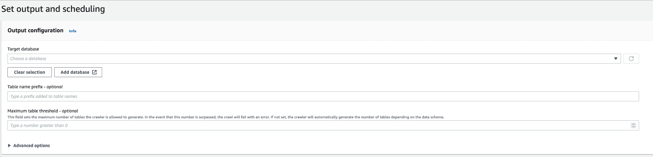 The Output and scheduling section of the AWS console showing the Maximum table threshold parameter.