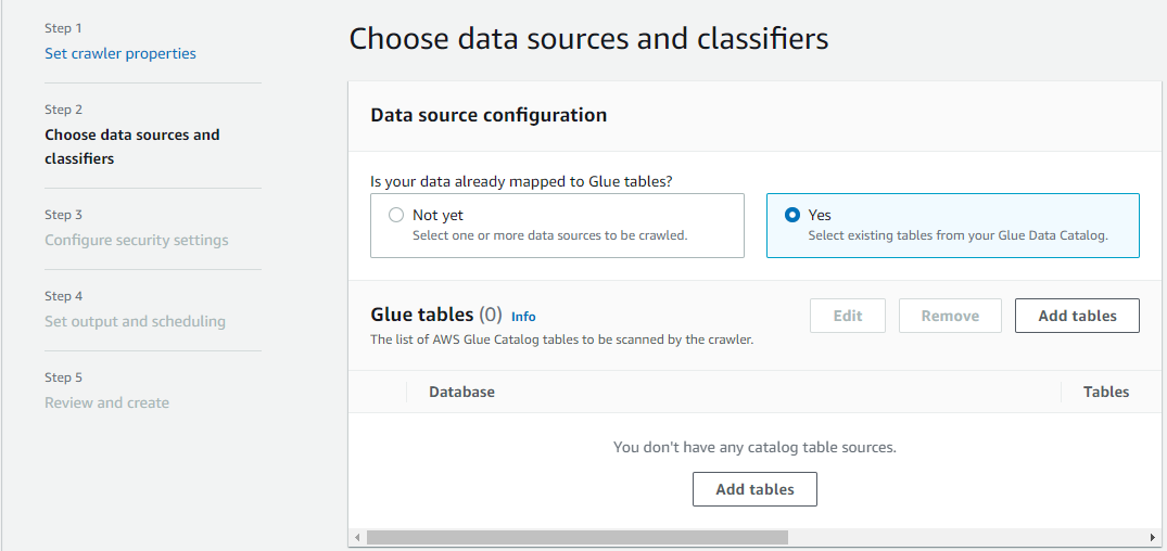 Data source configuration page with Yes option selected to use existing Glue tables.