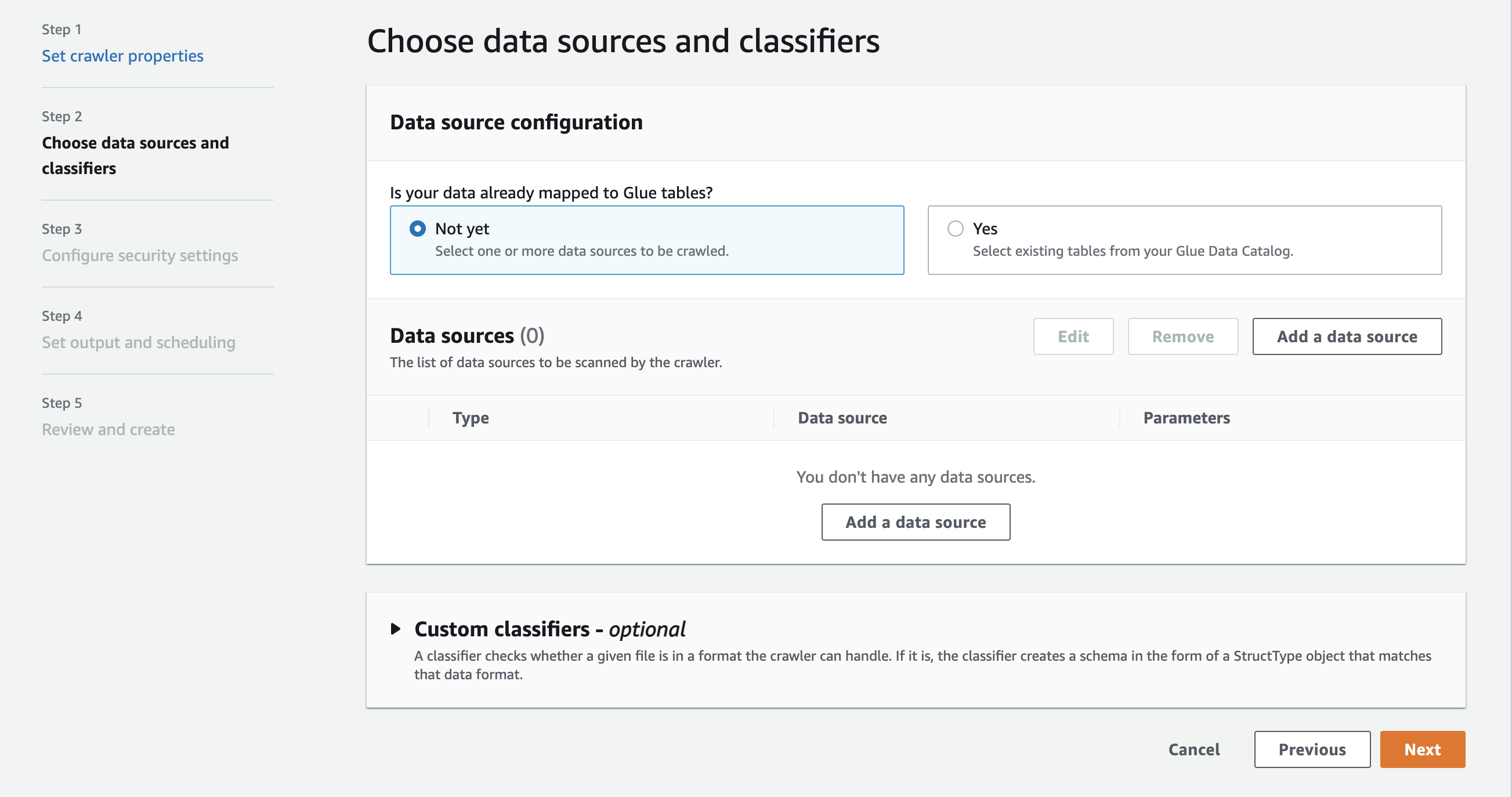 Data source configuration section showing Add a data source button with empty data sources table.