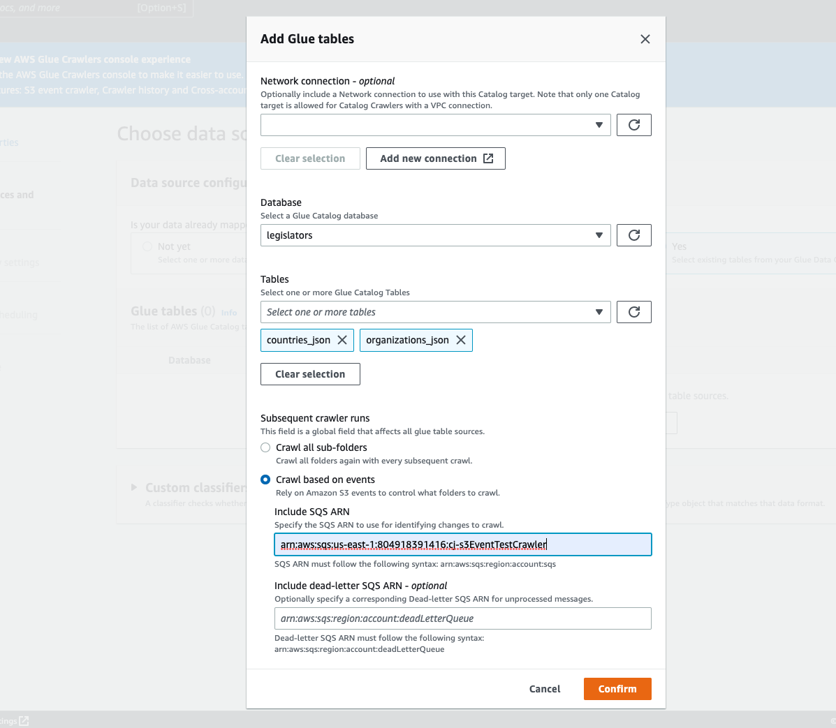 Add Glue tables dialog showing database selection, table selection, and event-based crawling options.