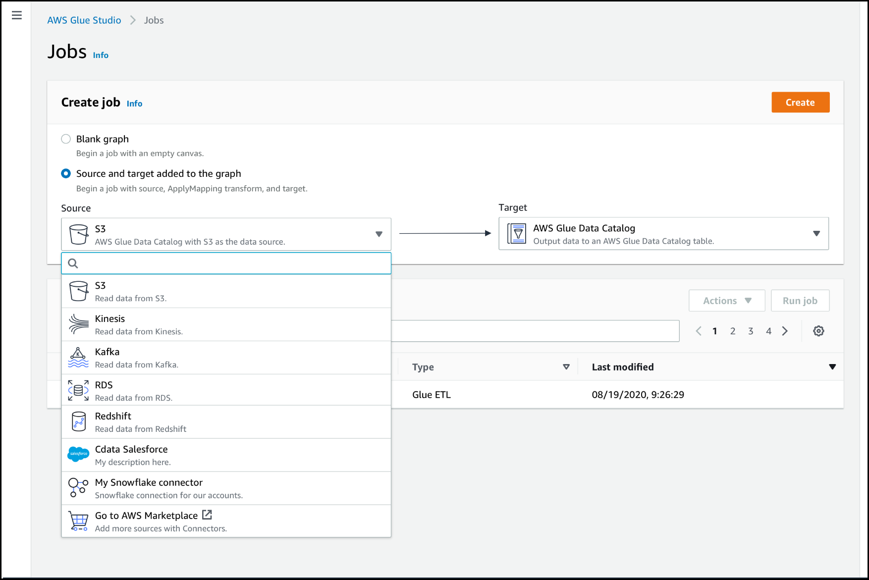 The image is a screenshot of the Jobs page, with the Source drop-down list selected, showing the various data sources that can be selected for the job, including connectors.