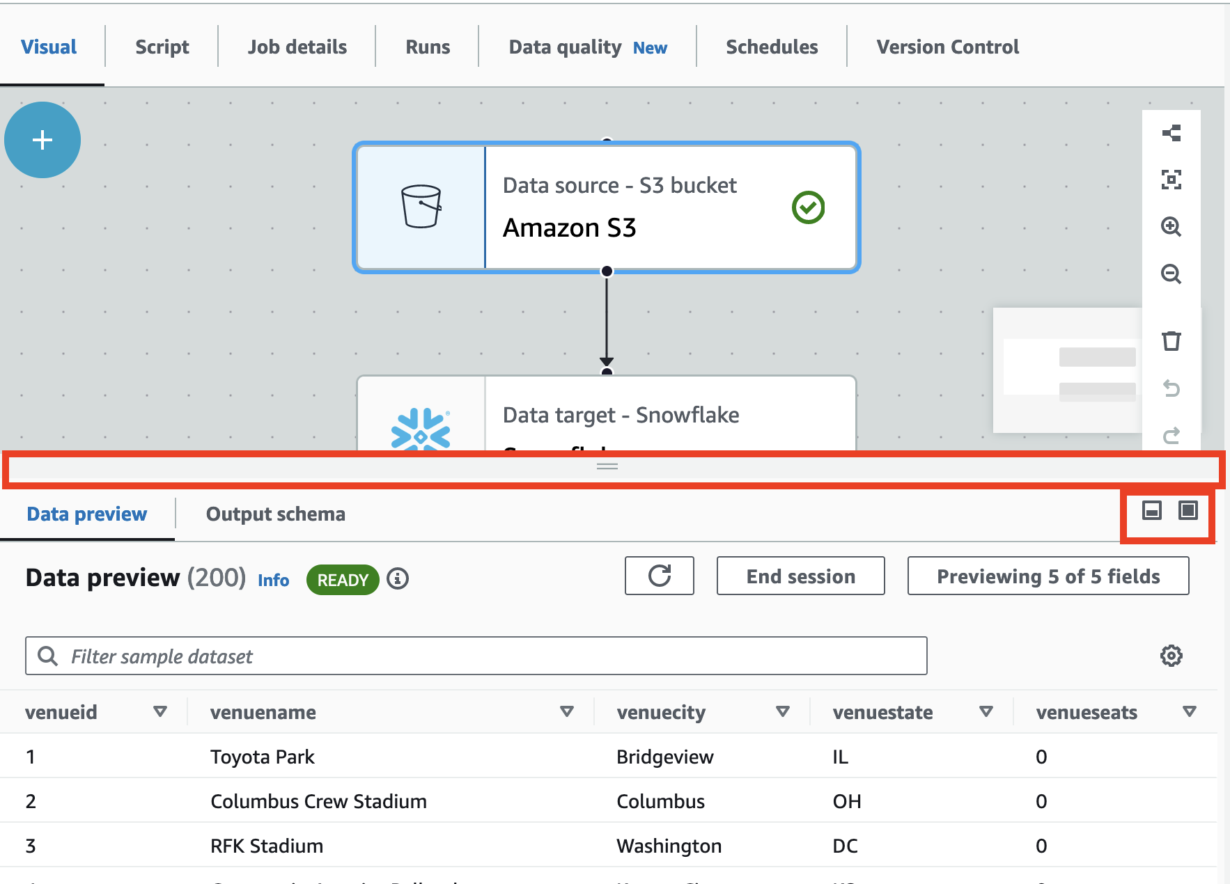 The screenshot shows the data preview pane with the minimize and maximize buttons highlighted, as well as the handle pane that you can use to extend the data preview pane vertically.