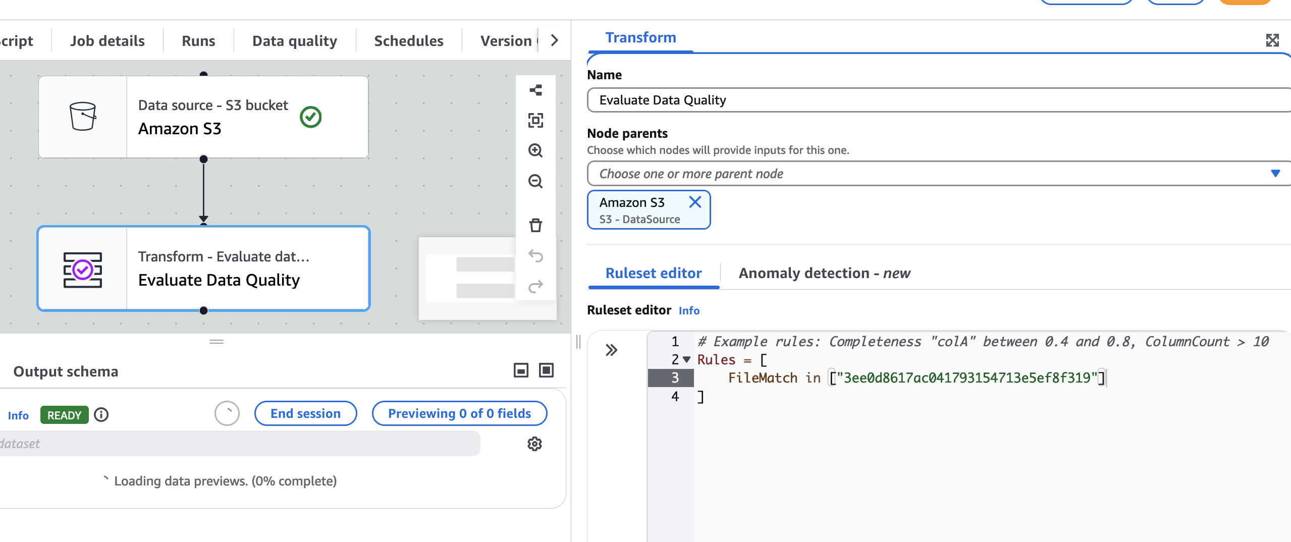 The screenshot shows a rule with the DQ status of Rule failed. FileMatch explains the failure.