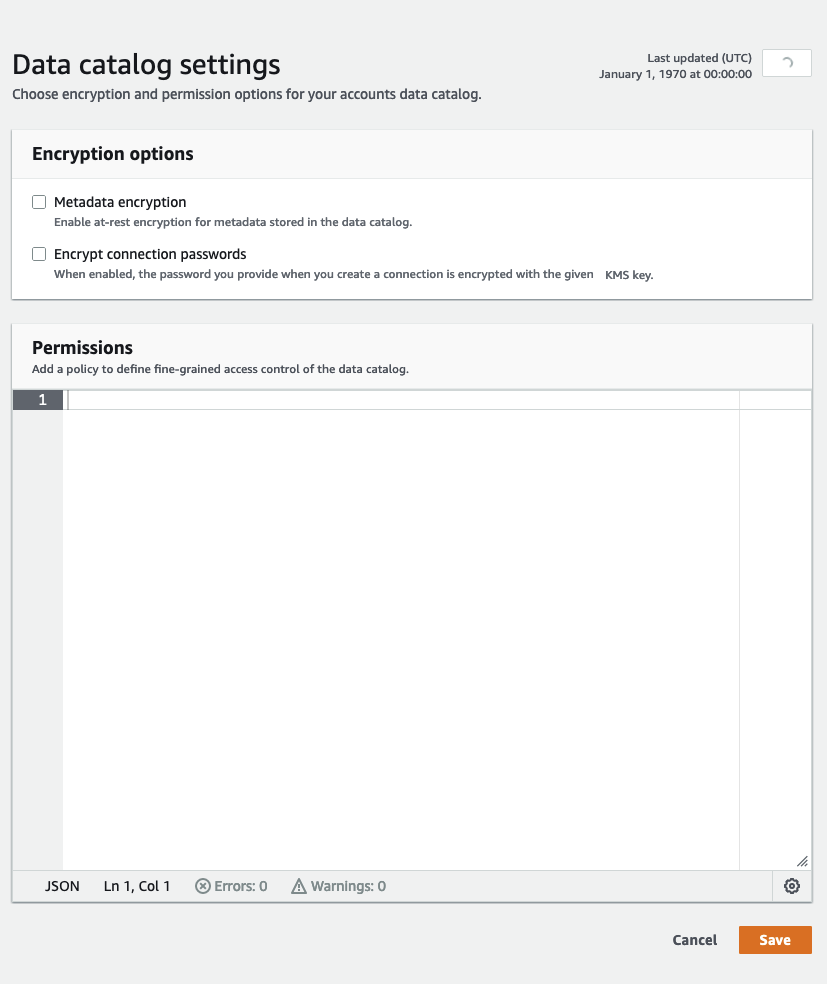 The screenshot shows the Data Catalog settings modal.