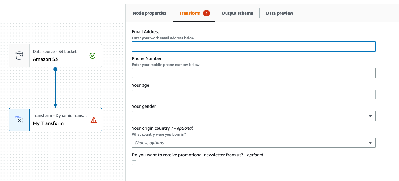 The screenshot shows a custom visual transform with parameters for the user to complete in the Transform tab.