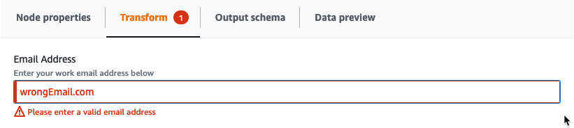 The screenshot shows a custom visual transform parameter with a validation error message: Please enter a valid email address.