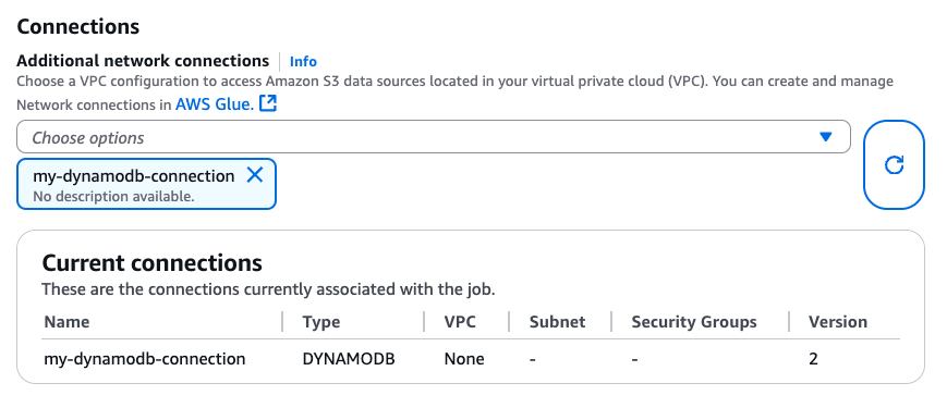 Job details page showing my-dynamodb-connection selected in Additional network connections.