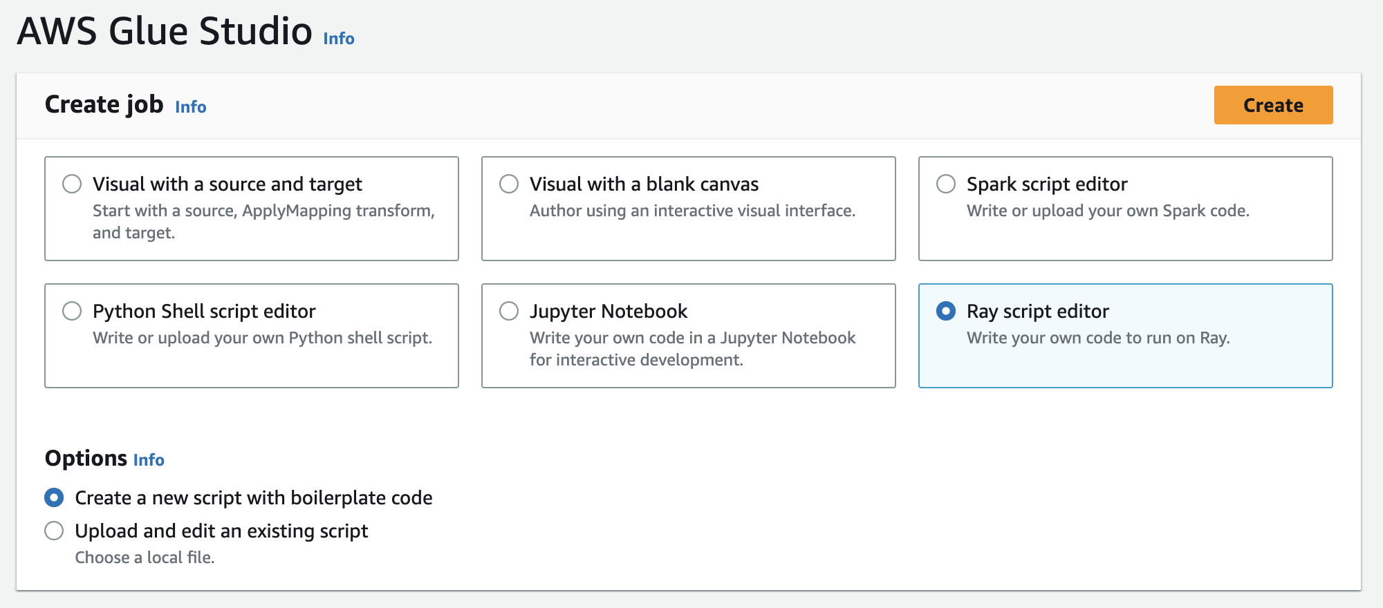 A dialog box in the AWS Glue console used to create a Ray job.