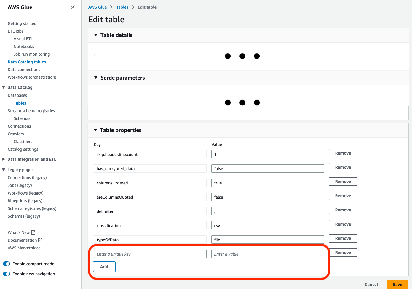 Catalog table property edit field in AWS Glue console.