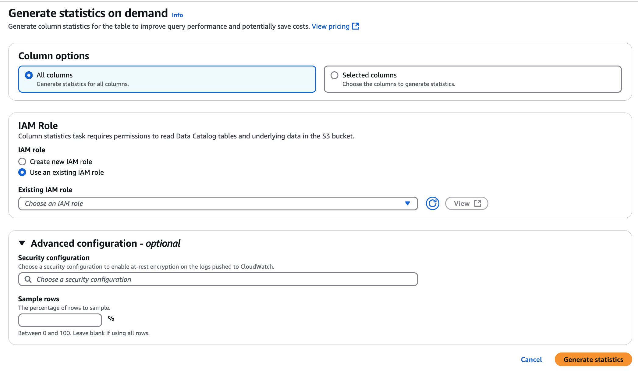 The screenshot shows the options available to generate column stats.