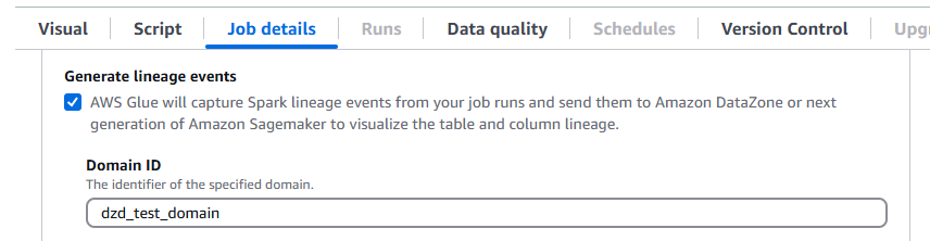The screenshot shows turning on Amazon DataZone date lineage for AWS Glue.