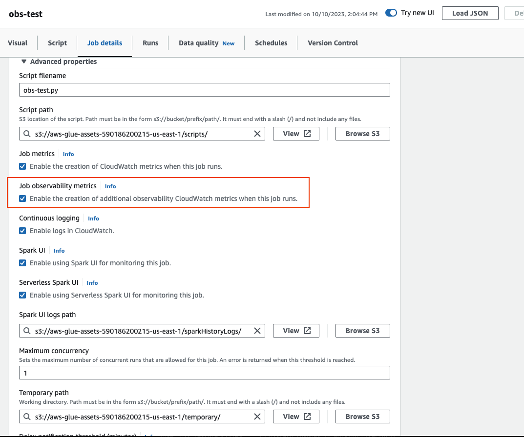 The screenshot shows the Job details tab Advanced properties. The Job observability metrics option is highlighted.