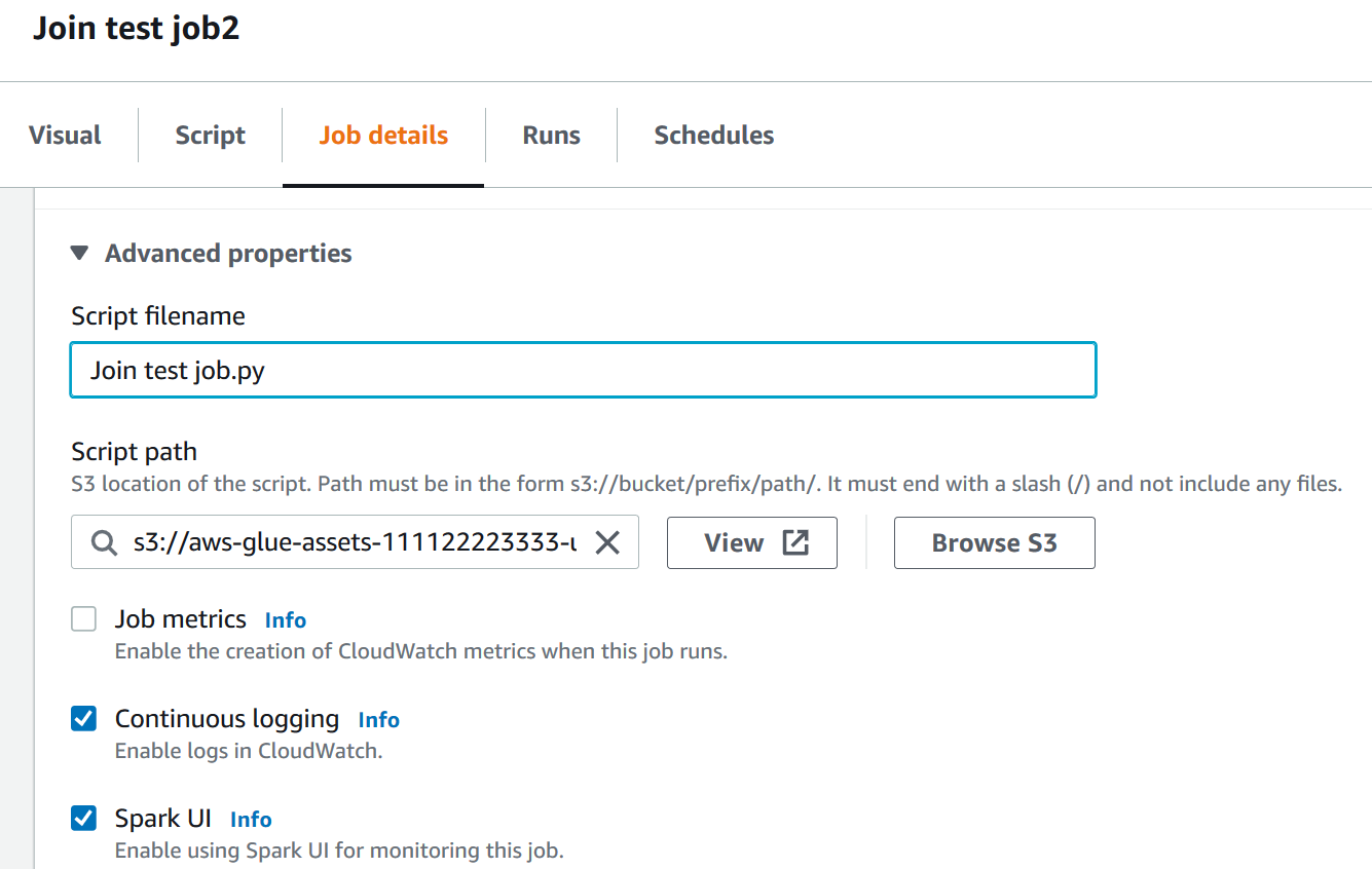 The screen shot shows the visual editor in AWS Glue Studio with the Job details tab selected. The Advanced properties section on the page is expanded, and the parameters Script filename and Script path are displayed. The Script filename field shows Join test job.py and the Script path field shows s3://aws-glue-assets-111122223333-u.