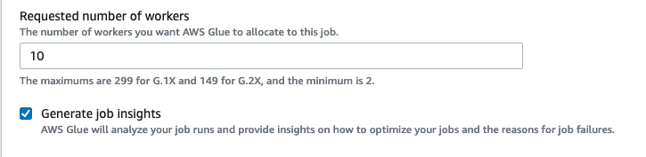 Enabling job run insights in AWS Glue Studio.