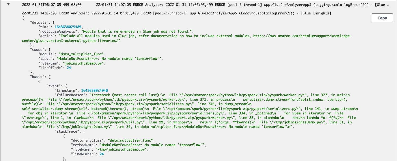 The job-insights-rule-driver log stream.
