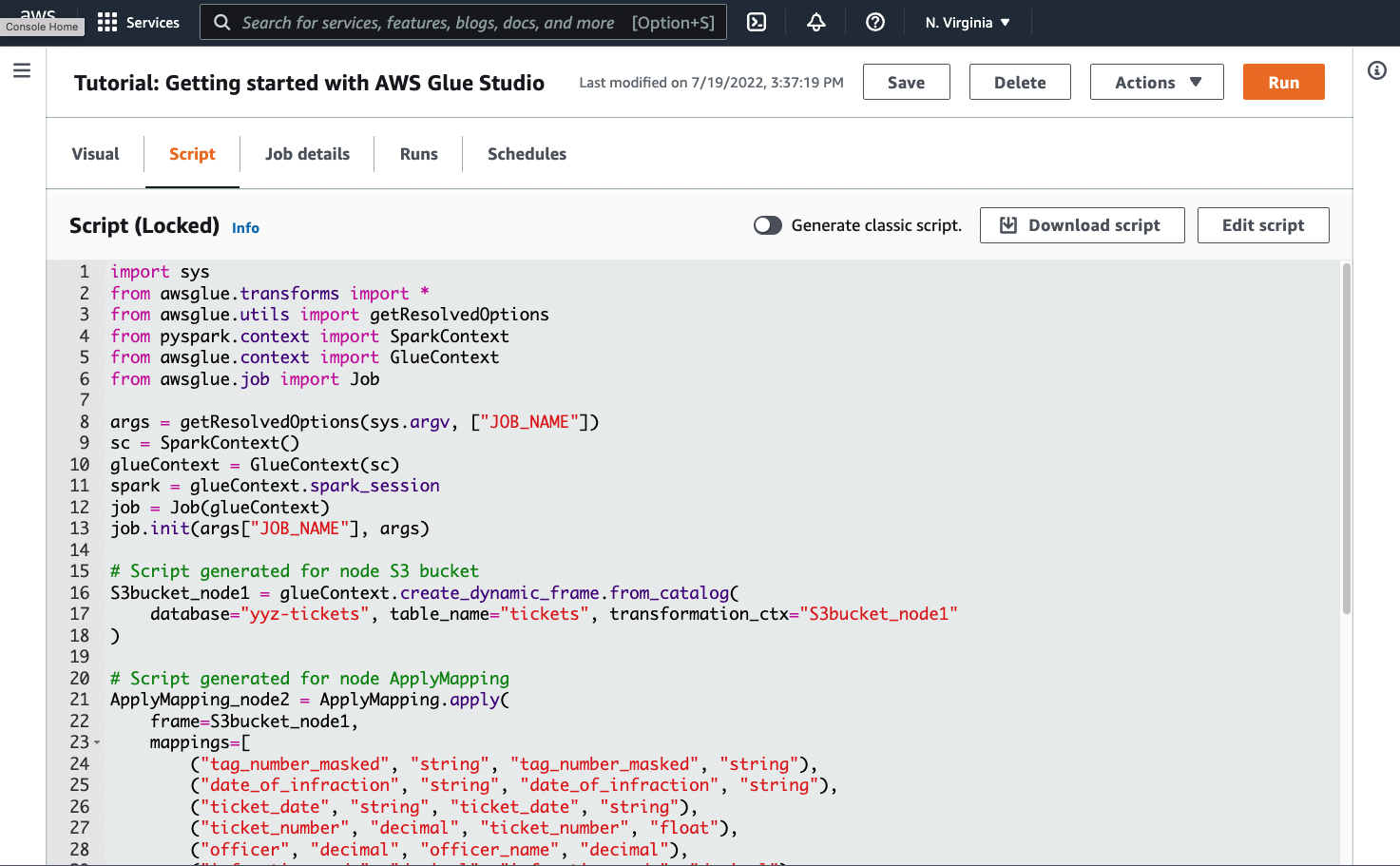 The Script tab for an AWS Glue job.