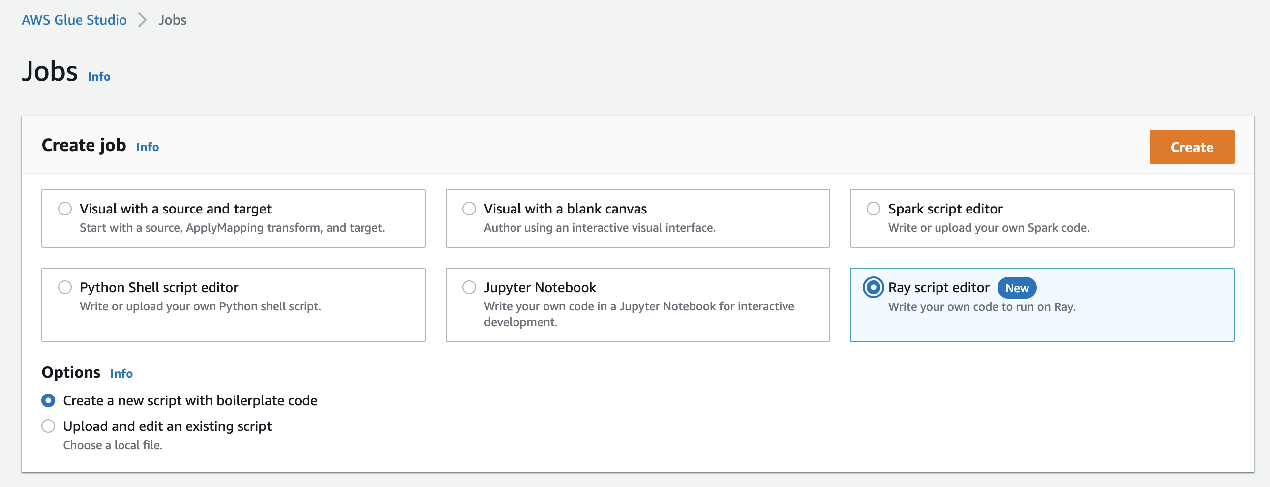 The Jobs page in AWS Glue Studio with the Ray script editor option selected.