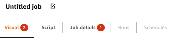 A screenshot showing the tabs for the visual editor pane for a job named "Untitled job" with a callout labeled 2 on the Visual tab and a callout labeled 1 on the Job details tab.