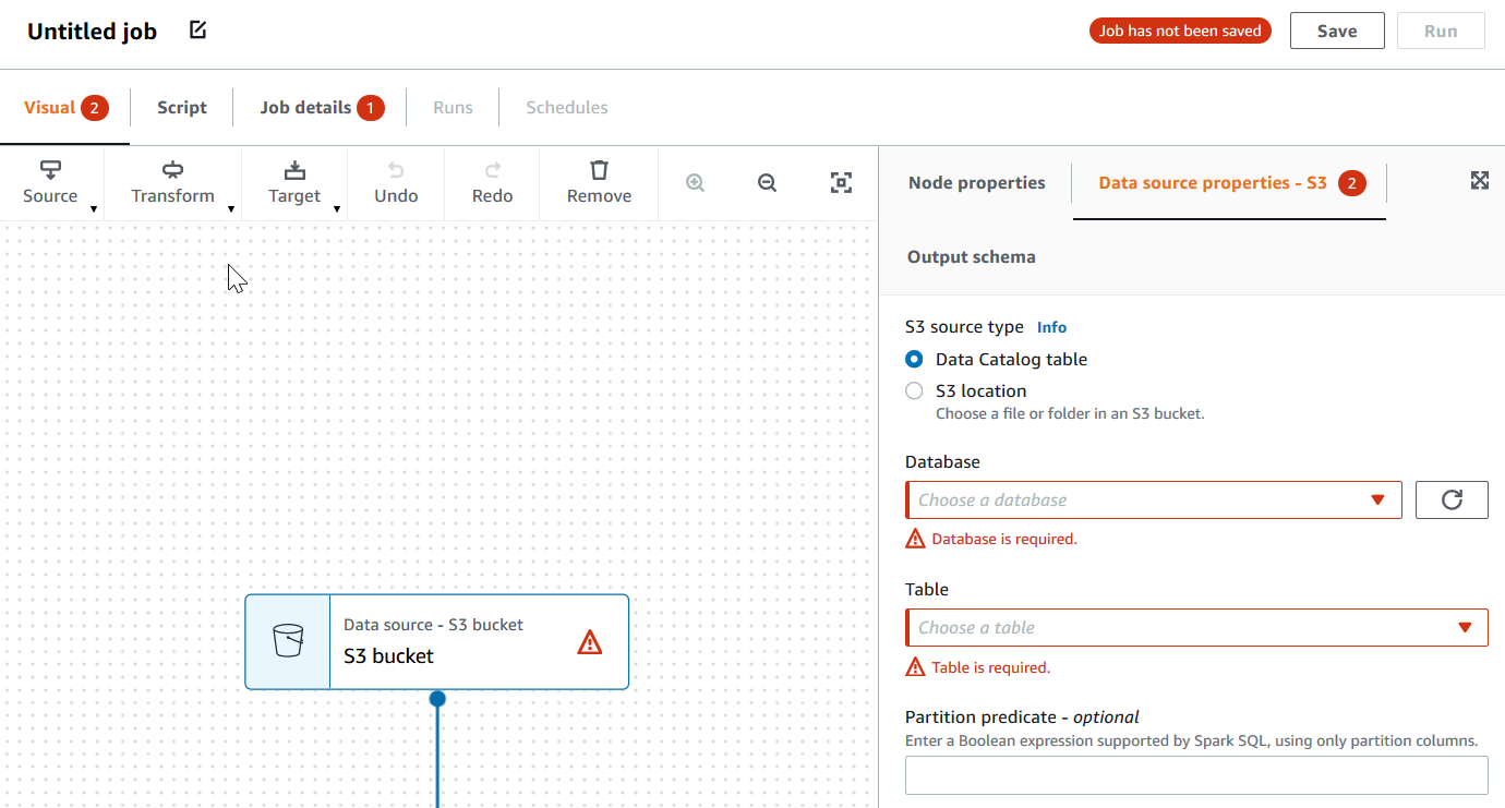 A screenshot showing the Visual tab in the job editor, which is marked with a callout labeled 2. The data source node, which is marked with a warning label, is selected. In the node details panel, the Data source properties tab has a callout labeled 2, and is selected. Two fields, Database and Table are outlined in red and have messages beneath them indicating a value is required in those fields.