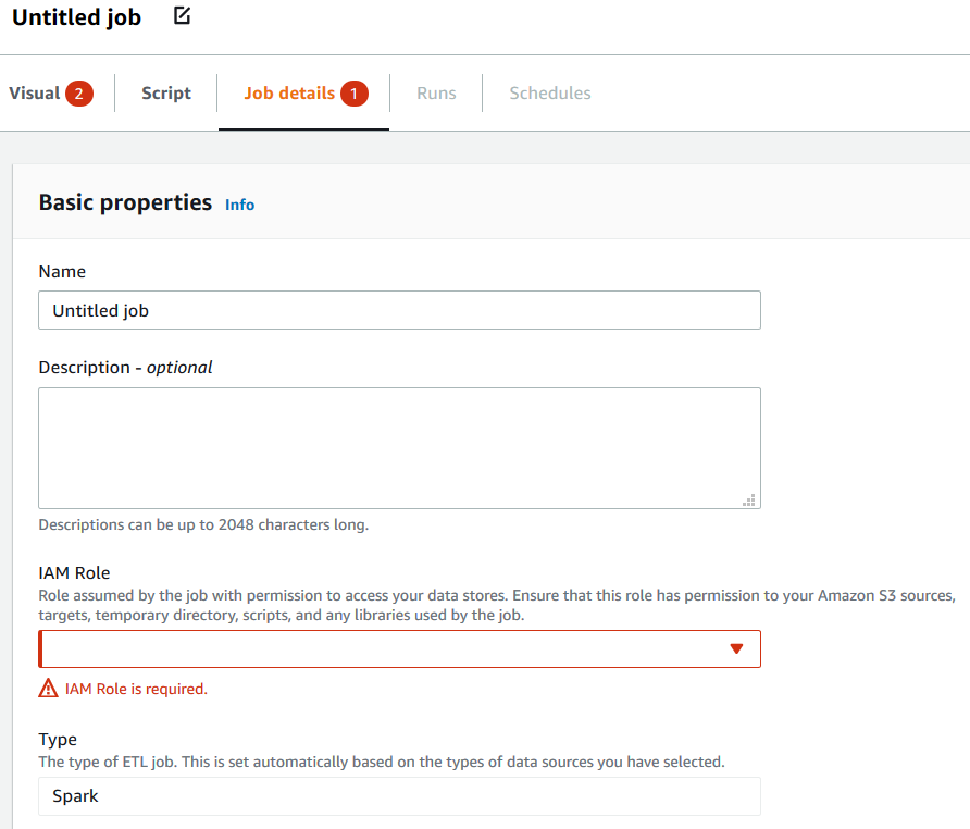 A screenshot showing the Job details tab in the job editor, which is marked with a callout labeled 1. The "IAM Role" field is outlined in red and has a message beneath it indicating a value is required.