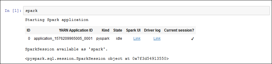 The system response shows Spark application status and outputs the following message: SparkSession available as 'spark'.