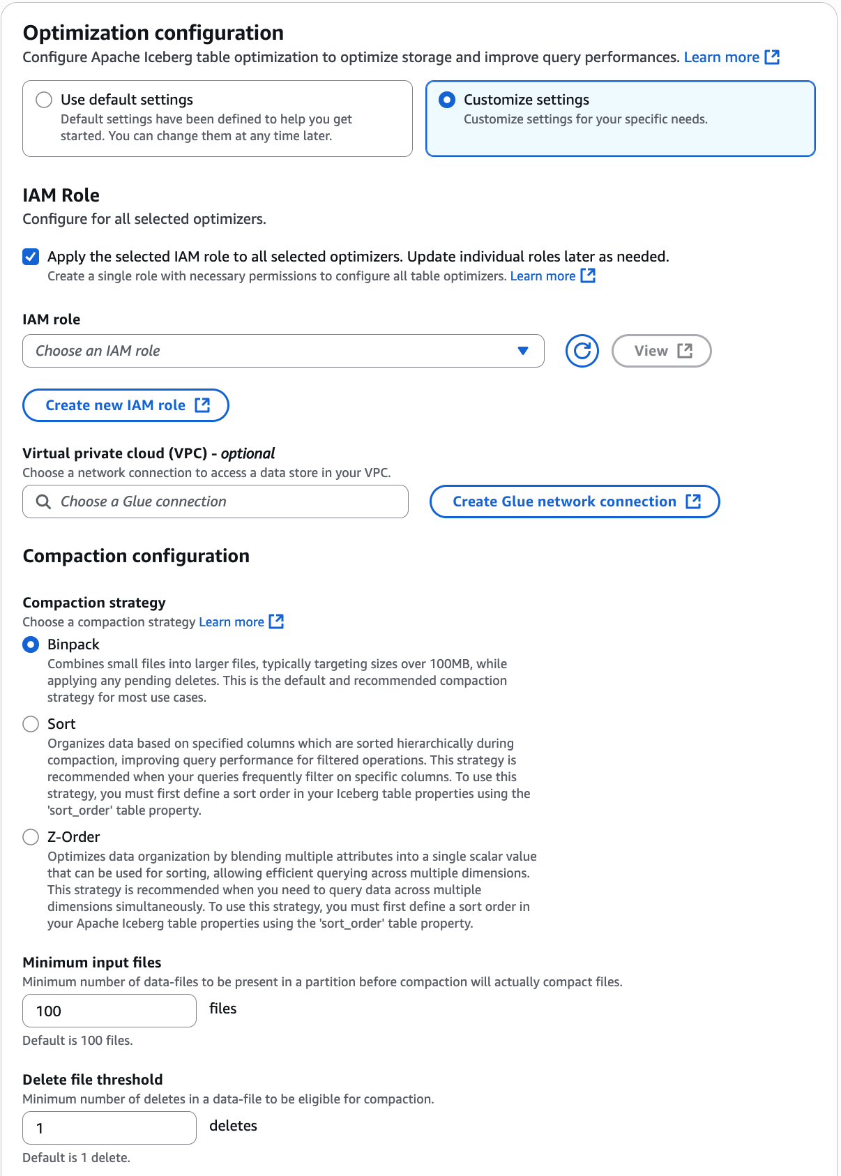 Apache Iceberg table details page with Enable compaction option.