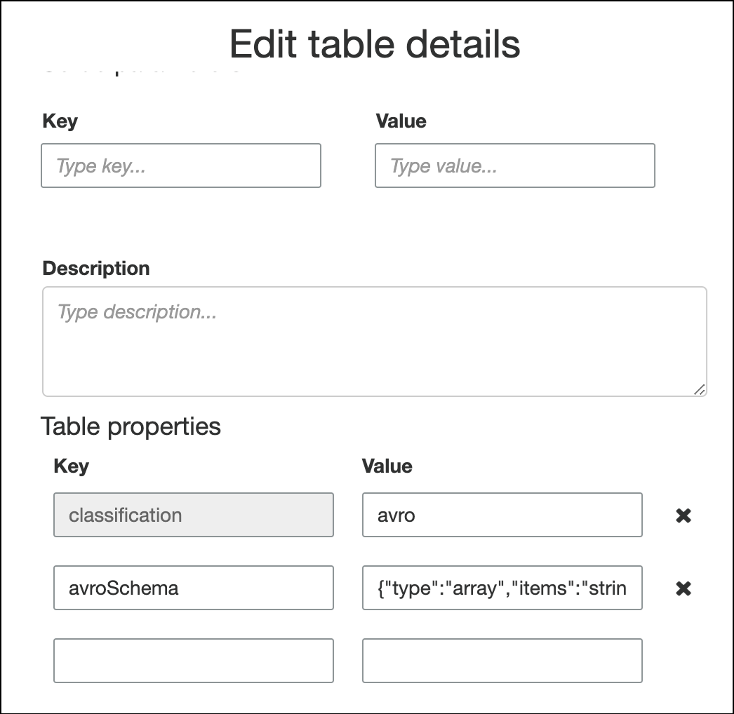 Under the Table properties heading, there are two columns of text fields. The left-hand column heading is Key, and the right-hand column heading is Value. The key/value pair in the first row is classification/avro. The key/value pair in the second row is avroSchema/{"type":"array","items":"string"}.