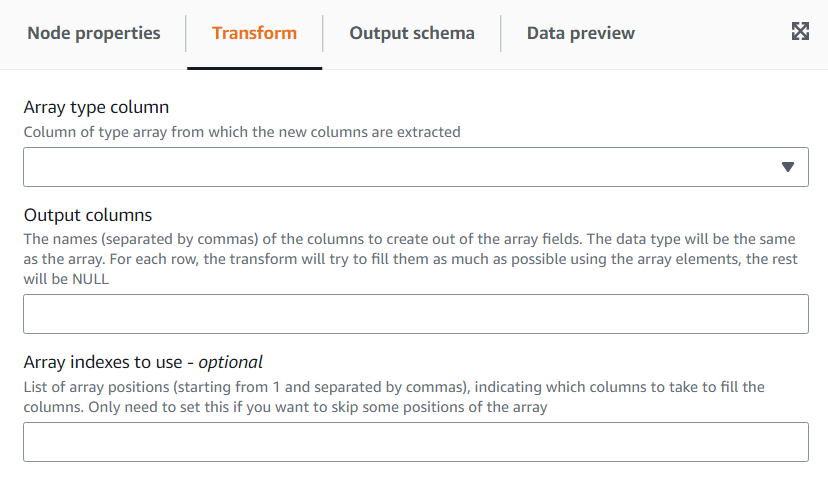 The screenshot shows the Transform tab for the Array To Columns transform.