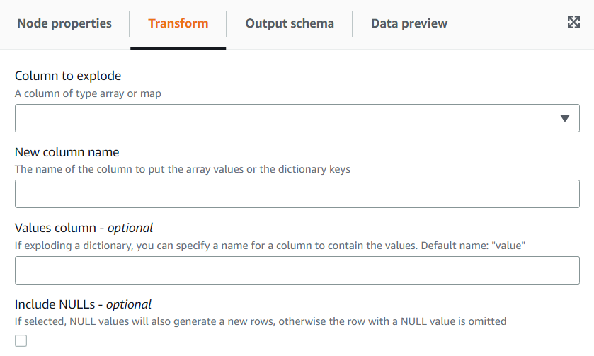 The screenshot shows the Transform tab for the Explode Array or Map Into Rows transform.