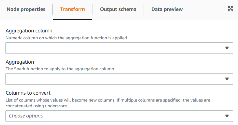 The screenshot shows the Transform tab for the Pivot Rows To Columns transform.