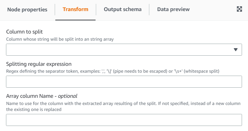 The screenshot shows the Transform tab for the Split String transform.