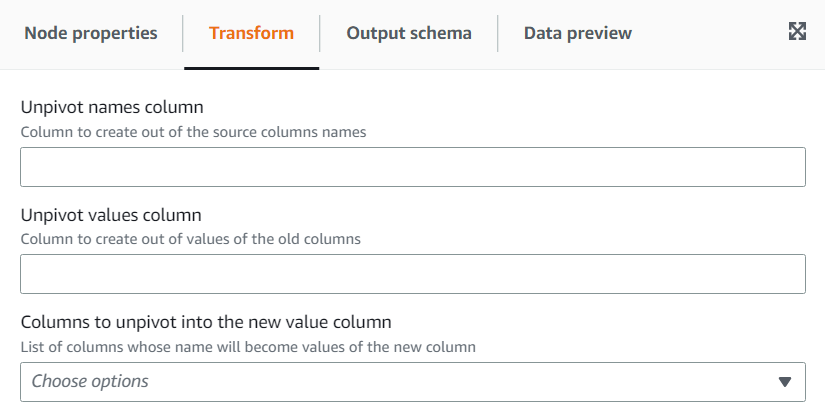 The screenshot shows the Transform tab for the Unpivot Columns To Rows transform.