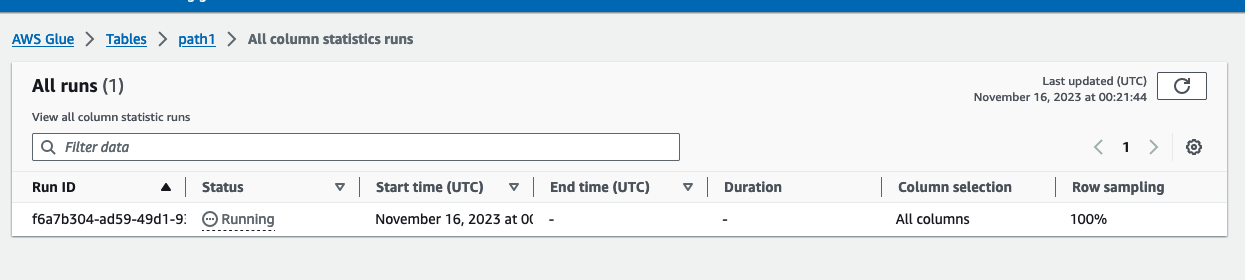 The screenshot shows the options available to generate column stats.