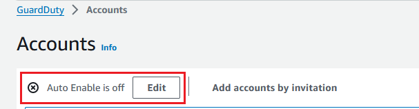 Selecting Edit to update auto-enable preferences on behalf of the member accounts in the organization.