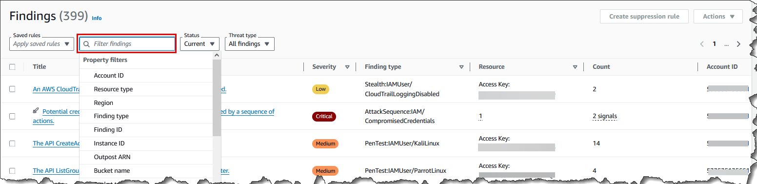 Selecting property filters to filter findings in the GuardDuty console.
