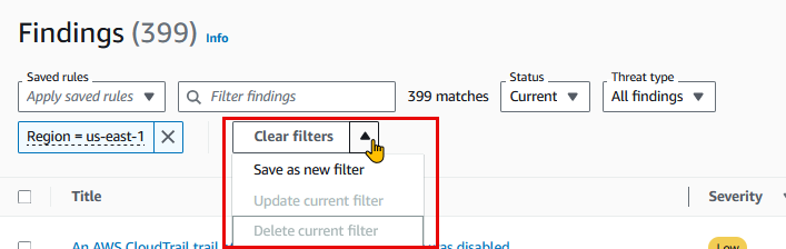 Saving a filter set in GuardDuty console to be able to filter the findings again.