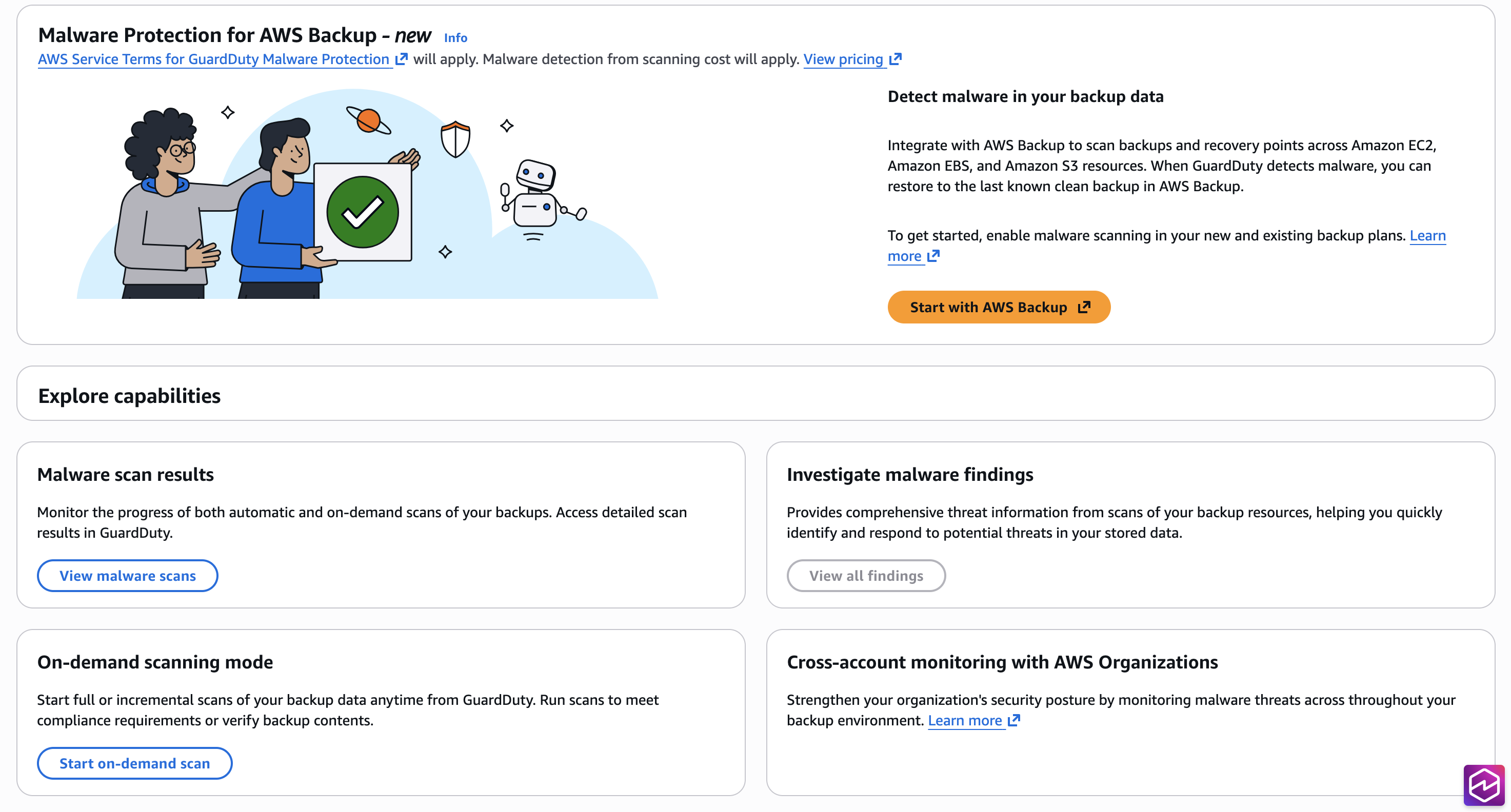Malware Protection for AWS Backup page showing scan results, findings, on-demand scanning, and cross-account monitoring options.