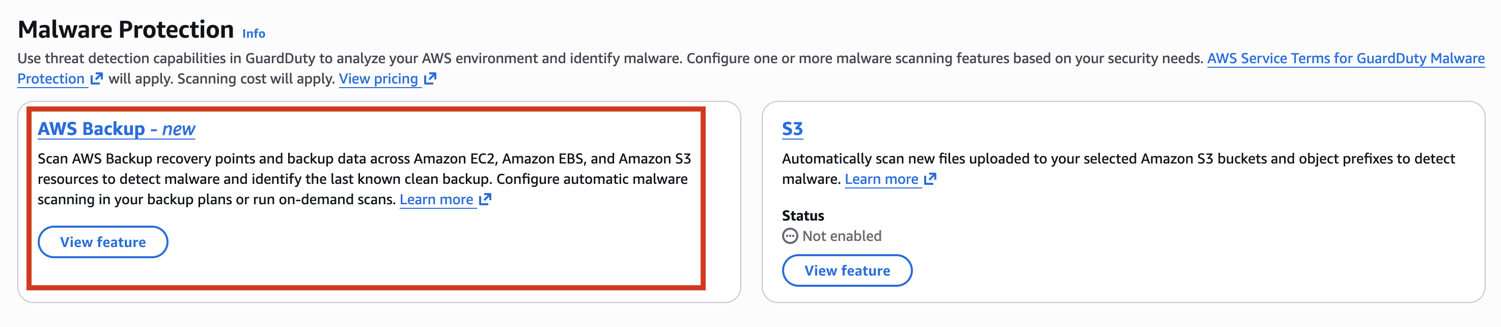 AWS Backup feature card highlighted with red border, showing malware scanning options.