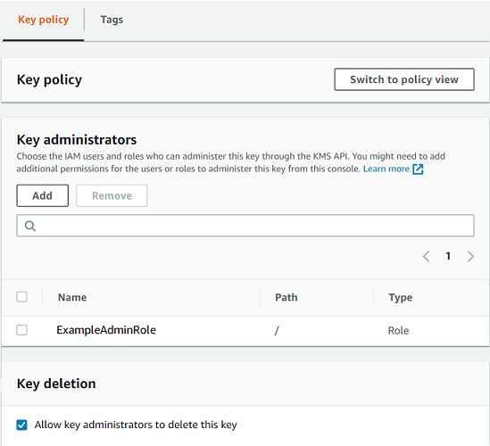 Key administrators in the console's default key policy, default view