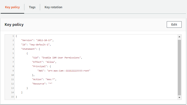 View of the default key policy in policy view in the AWS KMS console