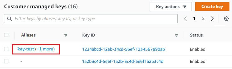 Customer managed keys interface showing a list with one key and options to create or filter keys.