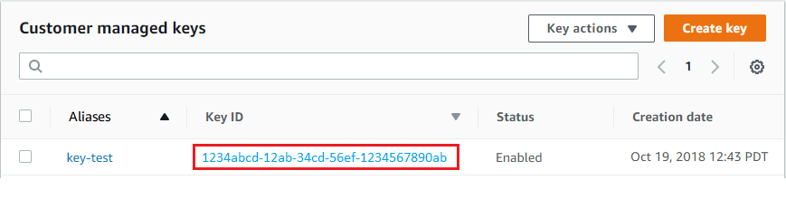 Customer managed keys table with Key ID column showing alphanumeric key identifier.