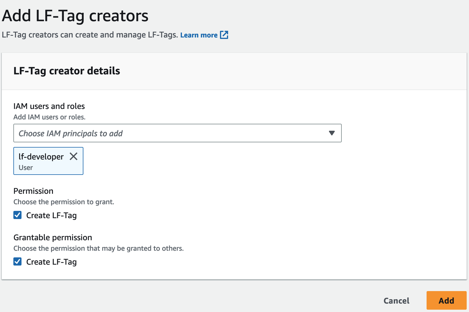 Add LF-Tag creators page showing IAM user lf-developer with Create LF-Tag permissions.