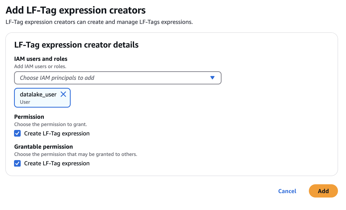 LF-Tag expression creator details container showing IAM user datalake_user with permissions.