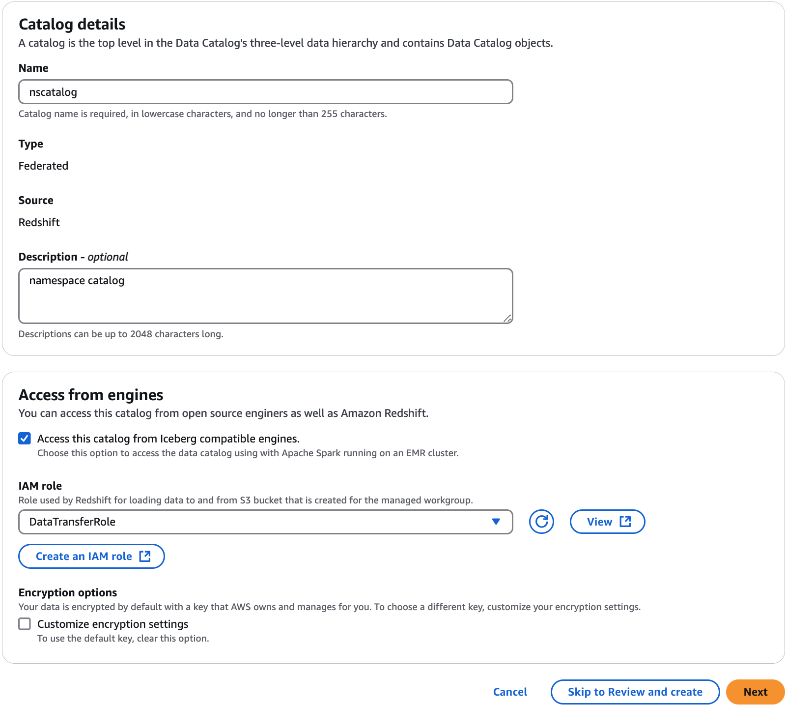The create catalog page with access enablement options.