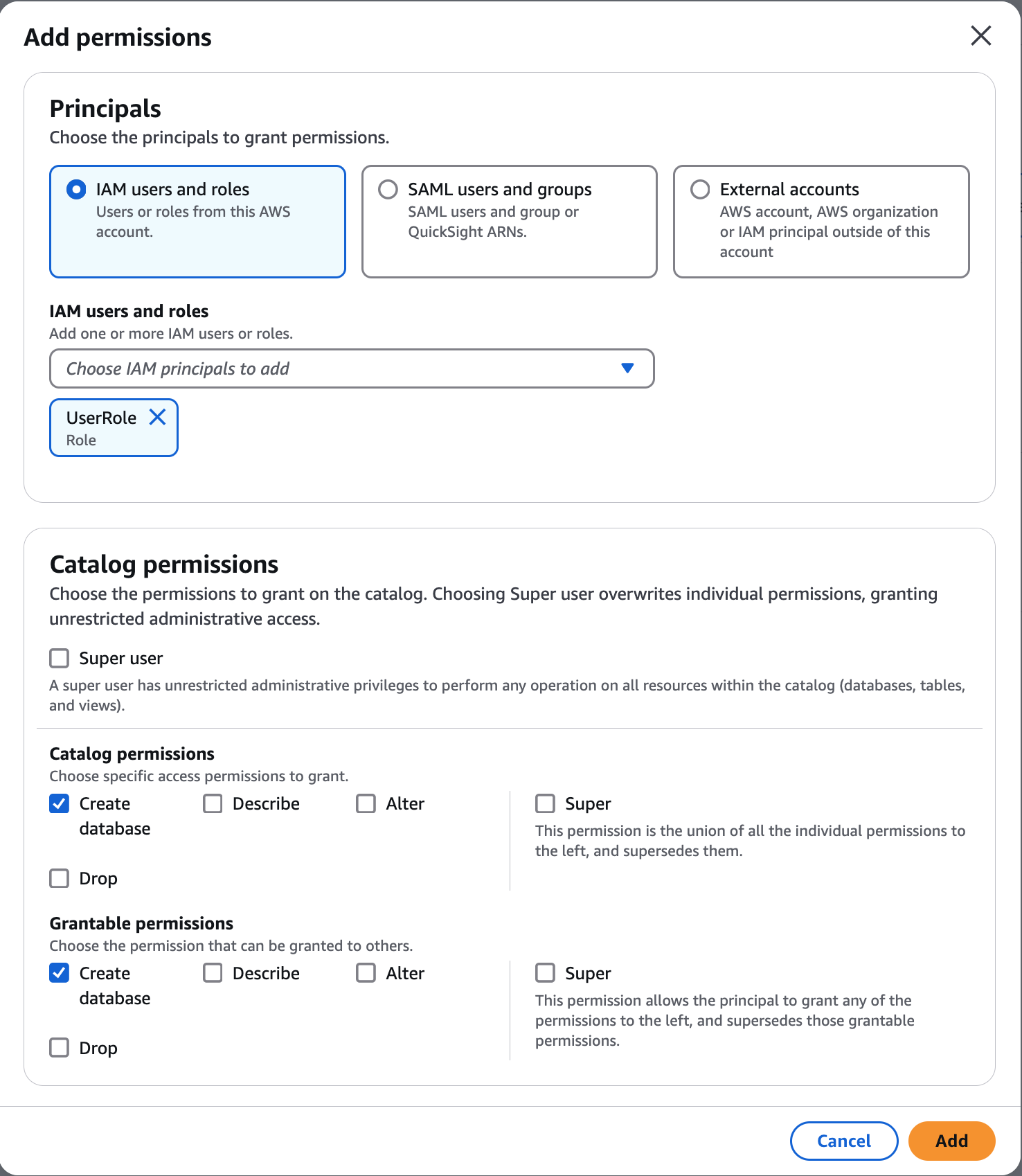 The catalog permissions page with principal type and grant options.