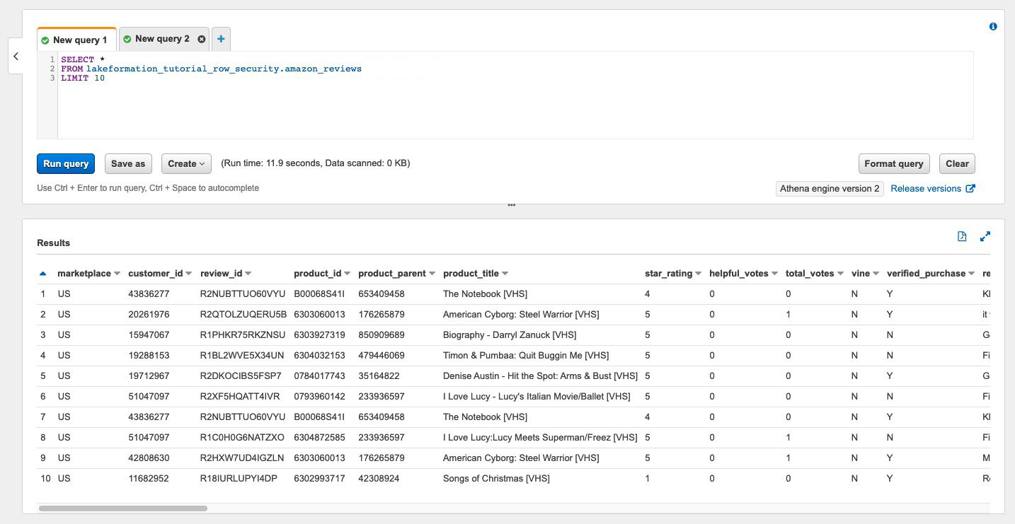 Query results table showing Amazon product reviews with columns for marketplace, customer ID, review ID, product details, and ratings.