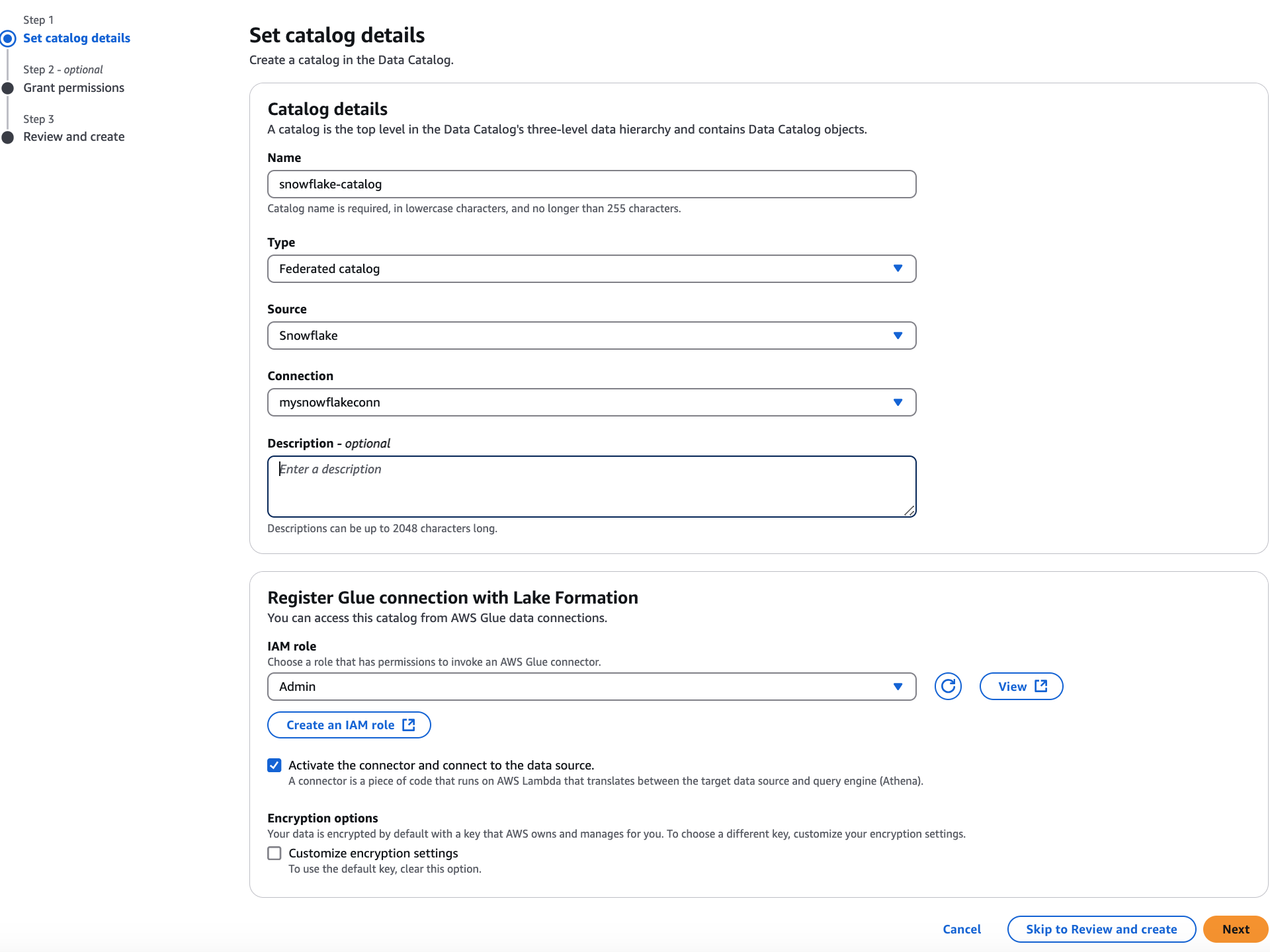 The create catalog page with options.